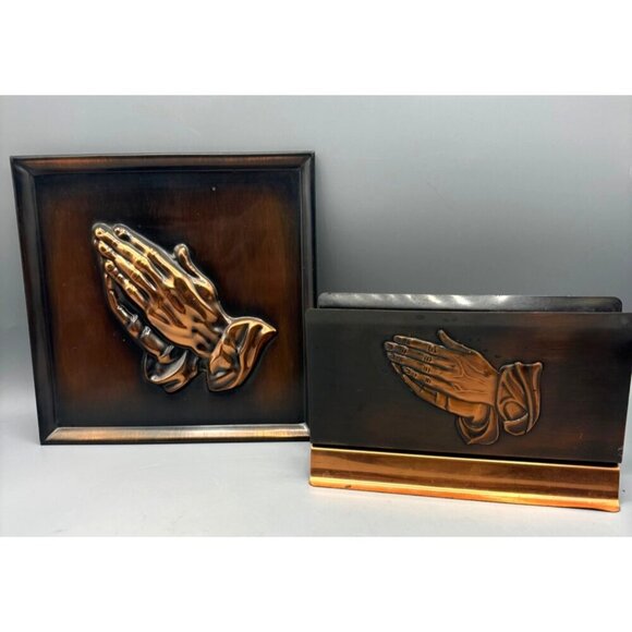 Vtg 70s Copper Guild Praying Hands Wall Art Plaque Napkin Holder Set - Picture 1 of 10